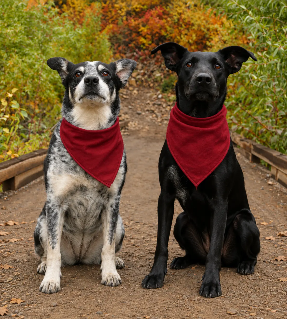 Two dogs wearing burgundy bandanas on a fall walk